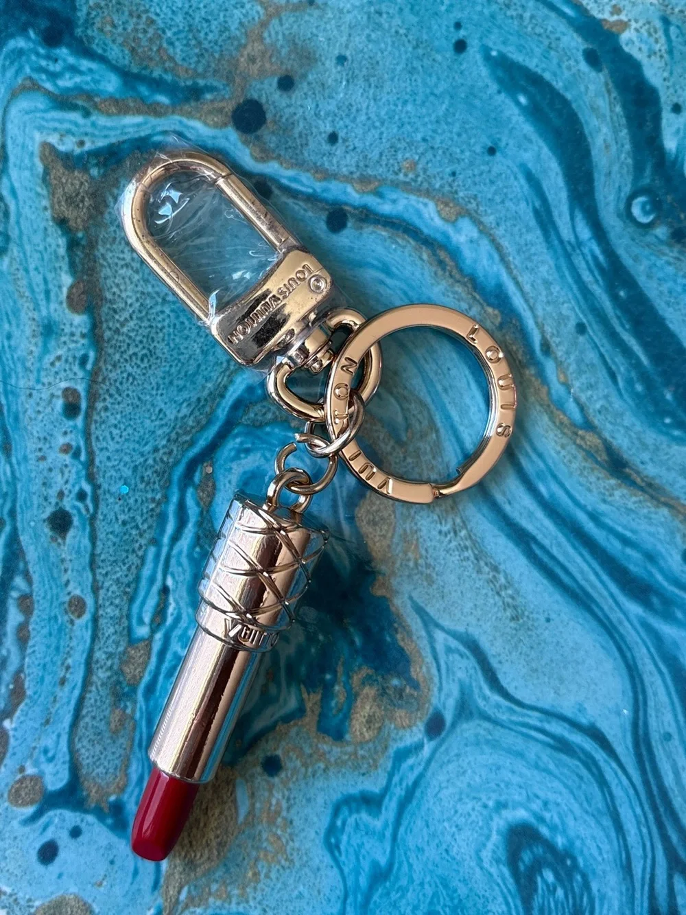 Louis Vuitton Gold Lipstick Purse Charm Keyring with Red Tip